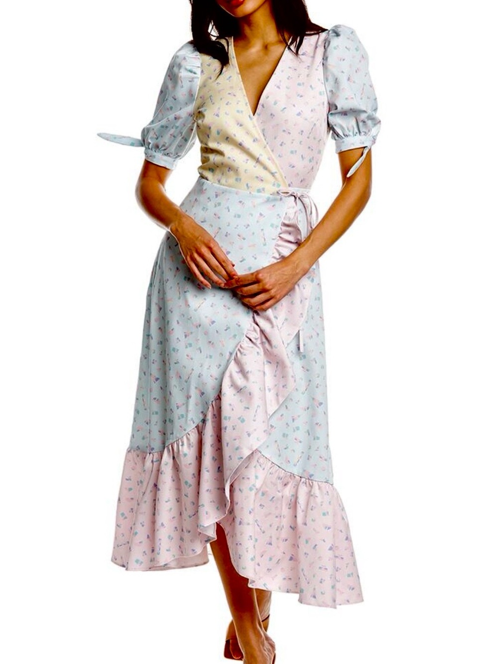 Olivia Rubin Asta Midi Wrap Dress "Ice Cream Mix" Pastel Patchwork Women 6 NWT